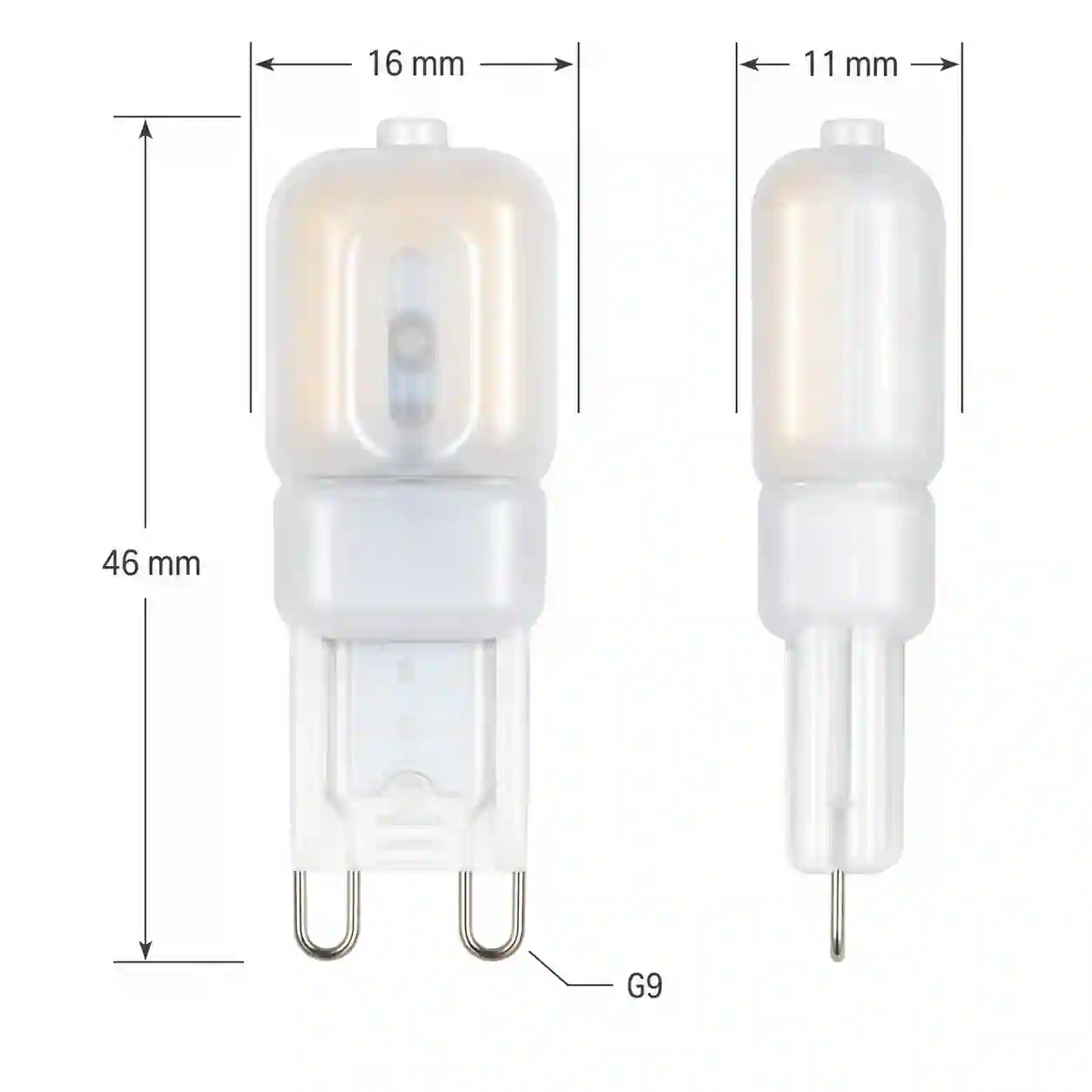 LED žárovka G9 vedle měřítka ukazující kompaktní rozměry